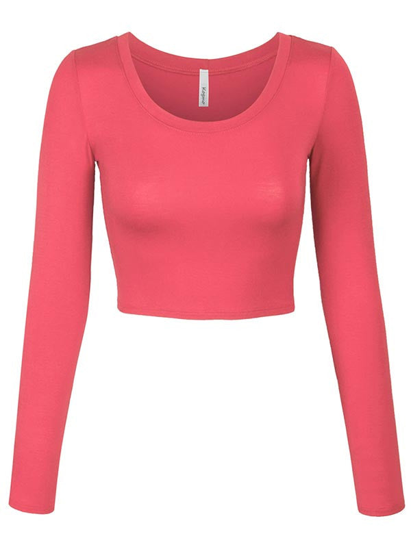 KOGMO Womens Long Sleeve Crop Top Solid Round Neck T Shirt