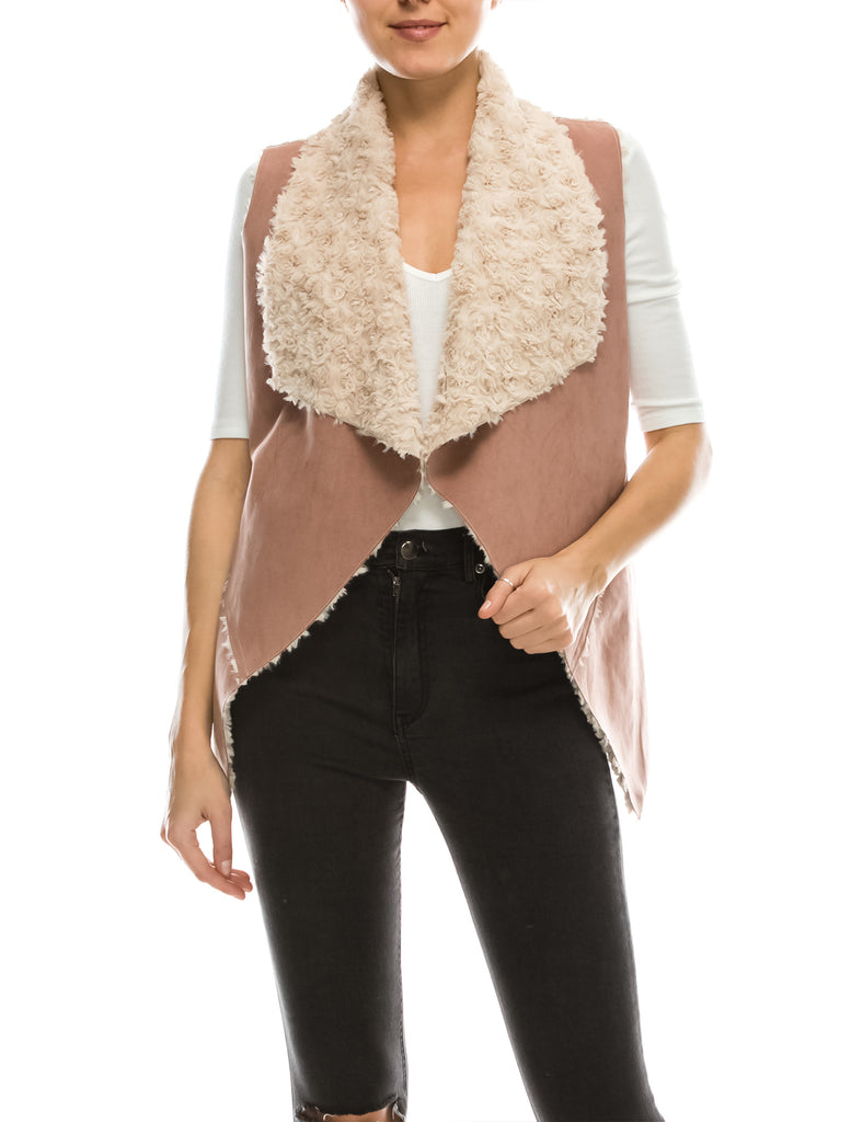 Womens Classic Faux Fur Shearing Fully Lined Suede Vest Coat