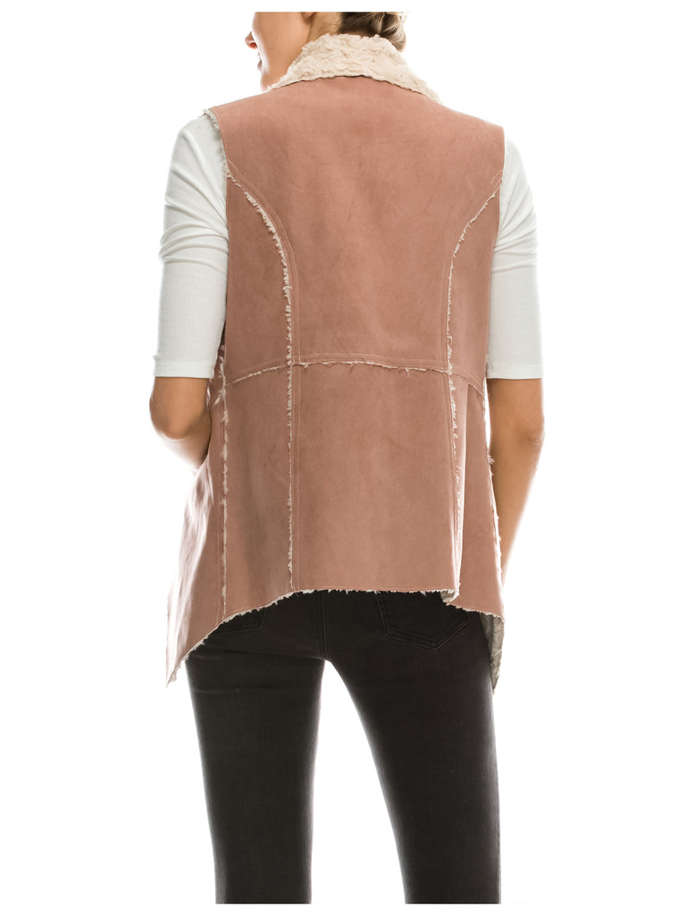 [Clearance] Womens Classic Faux Fur Shearing Fully Lined Suede Vest Coat