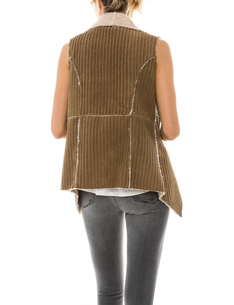 Womens Faux Fur Shearing Fully Lined Suede Vest Coat with Stripe Textured