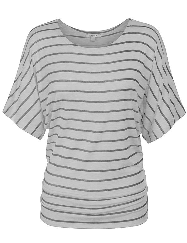 Round Neck Striped Dolman Sleeve Casual Drape Top T-Shirt - KOGMO