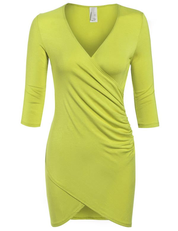 3/4 Sleeve Front Wrap Ruched Shirred Slim Fit Mini Dress