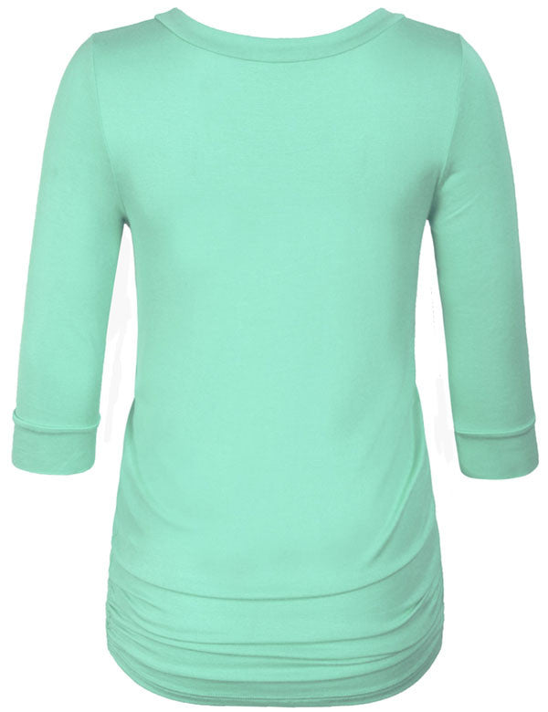3/4 Sleeve Solid Basic Drape Top Side Shirring Tunic