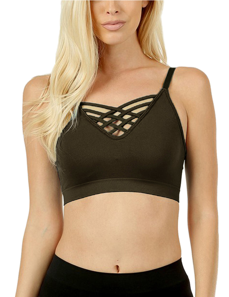 Women's Front V-Lattice Bralette with Adjustable Straps and Removable Bra Pads