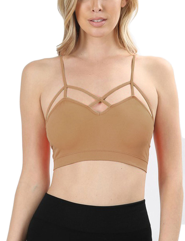 SEAMLESS TRIPLE CRISS CROSS CAGE STRAPPY PADDED BRALETTE TANK CROP
