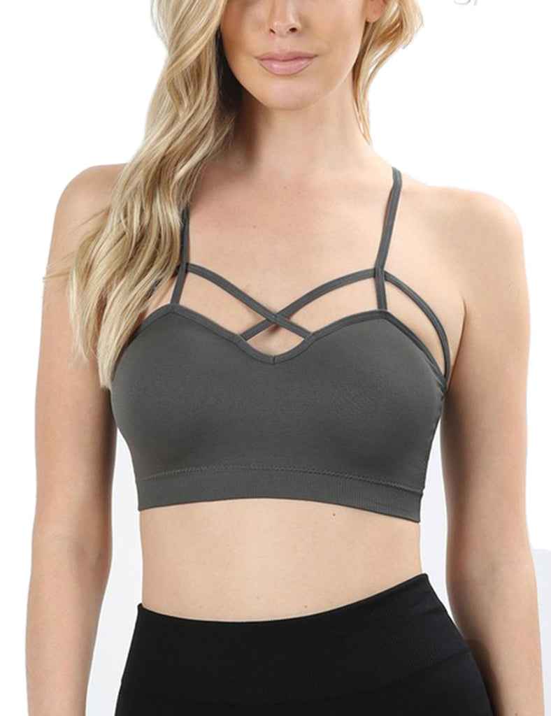 Womens Comfort Seamless Crisscross Front Strappy Bralette Sports Bra Top  with Removable Pads (1, 2 or 4 Packs) at  Women's Clothing store