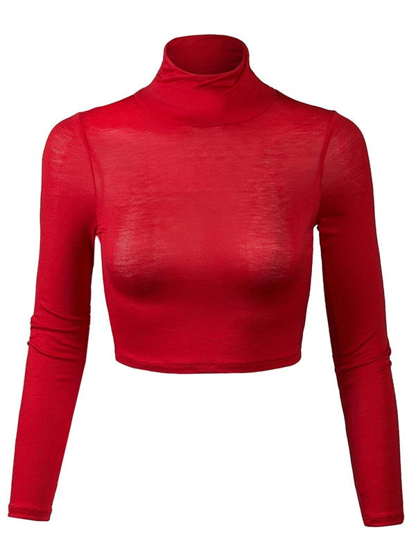 Lightweight Fitted Long Sleeve Turtleneck Crop Top with Stretch