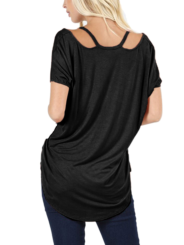 Womens Short Sleeve Dolman High Low Tunic Top with Cut Out Shoulder