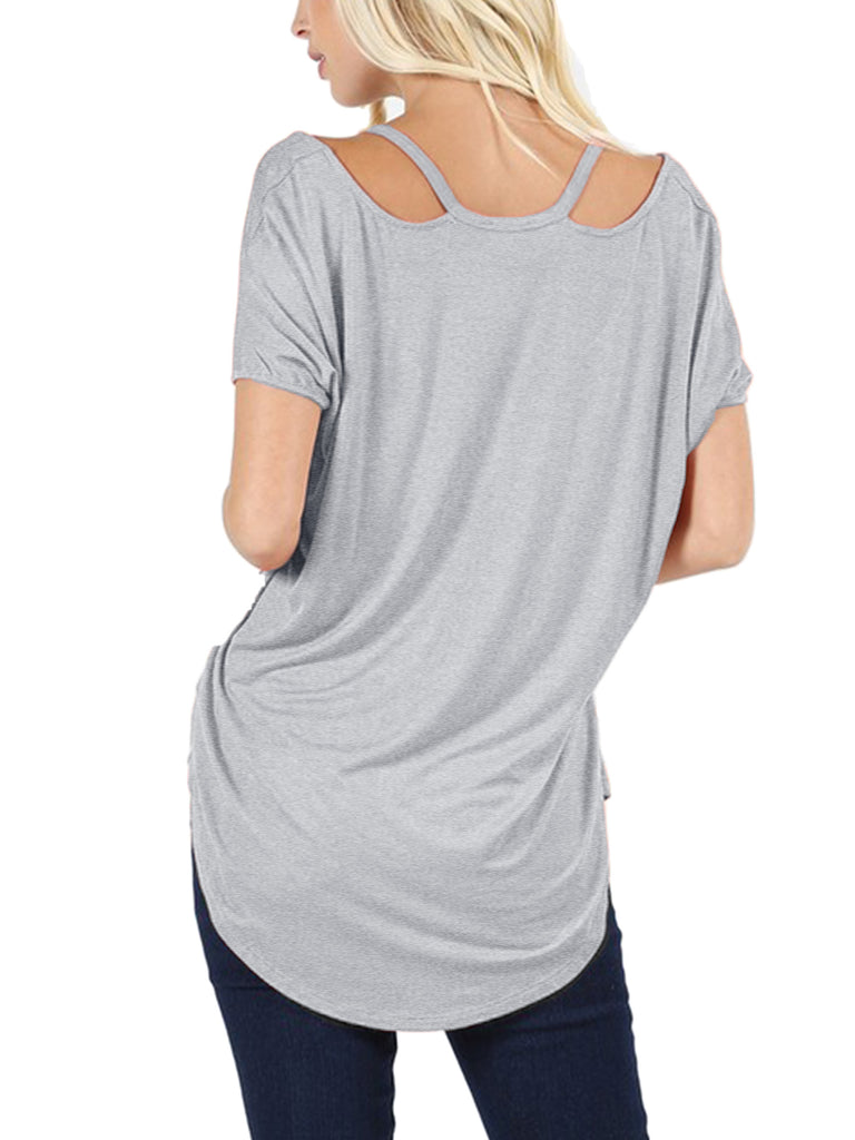 Womens Short Sleeve Dolman High Low Tunic Top with Cut Out Shoulder