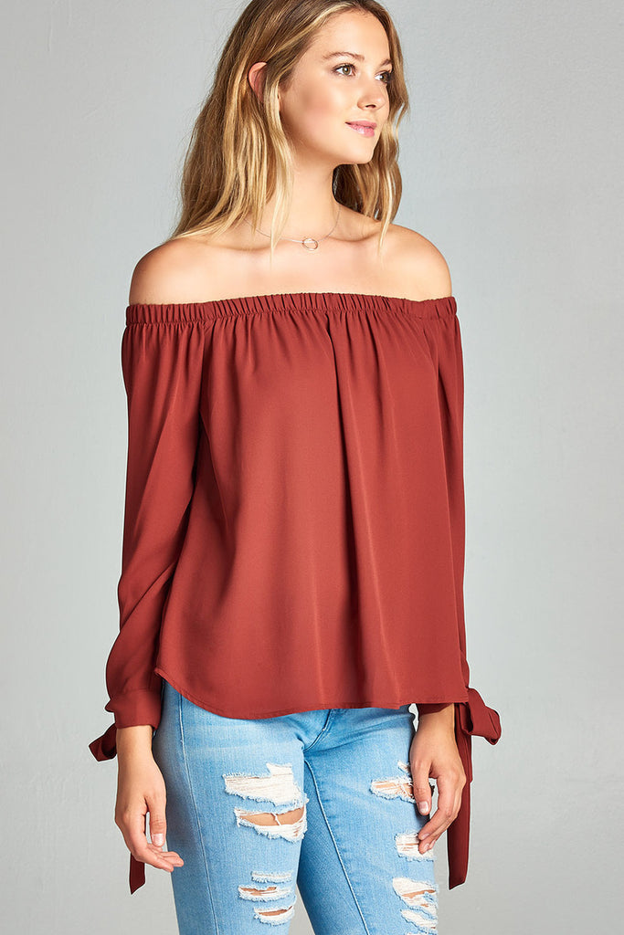 [Clearance] Womens Long Sleeve Tie Detail off the Shoulder Wool Dobby Top