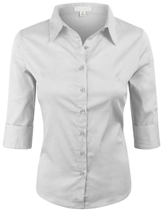3/4 Sleeve Basic Simple Button down Blouse with Stretch