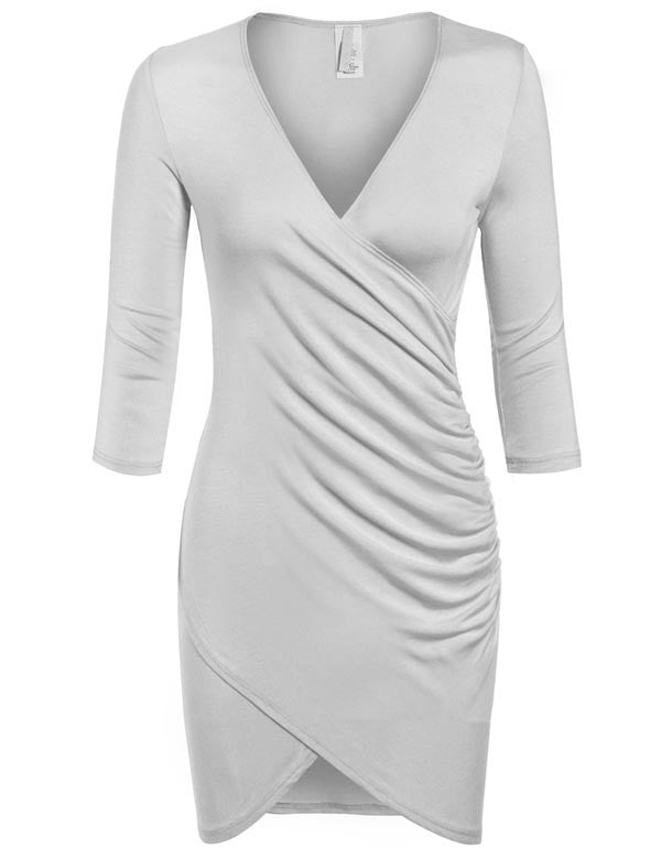3/4 Sleeve Front Wrap Ruched Shirred Slim Fit Mini Dress