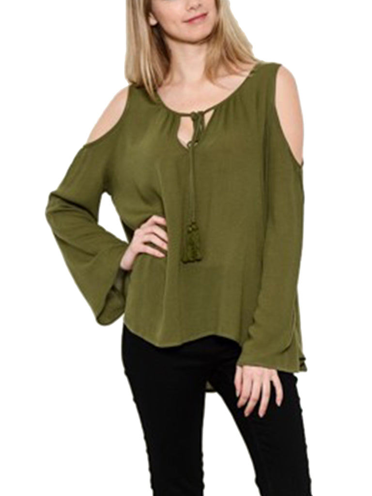[Clearance] Womens Long Sleeve Cold Shoulder Casual Sheer Top Shirts
