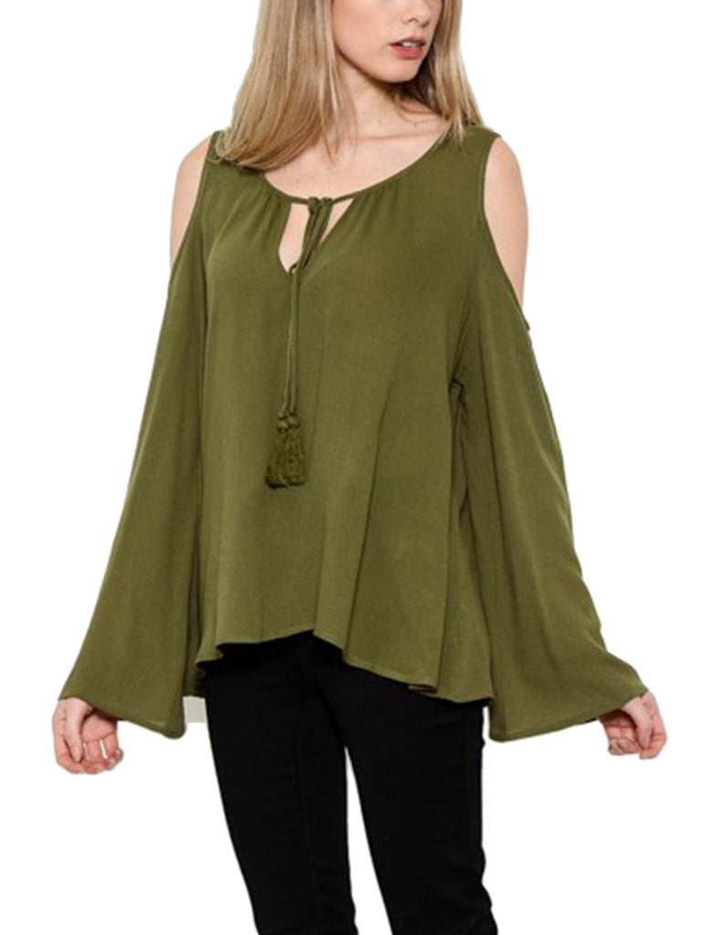 [Clearance] Womens Long Sleeve Cold Shoulder Casual Sheer Top Shirts