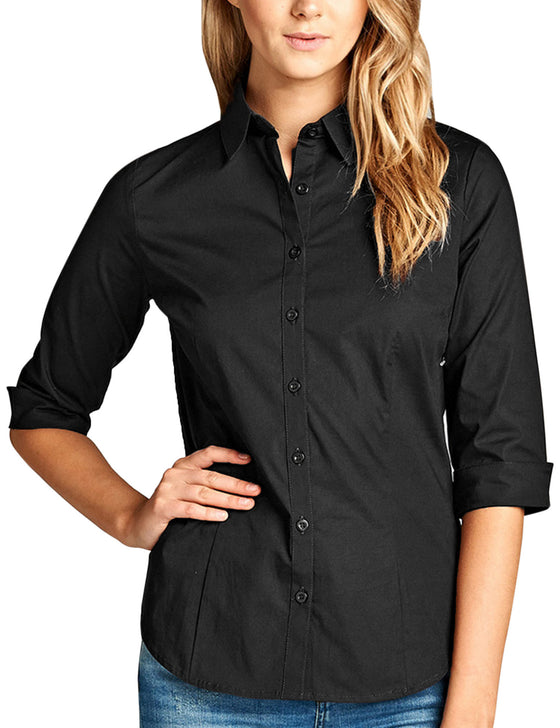 Womens Classic Solid 3/4 Sleeve Button Down Blouse Dress Shirt