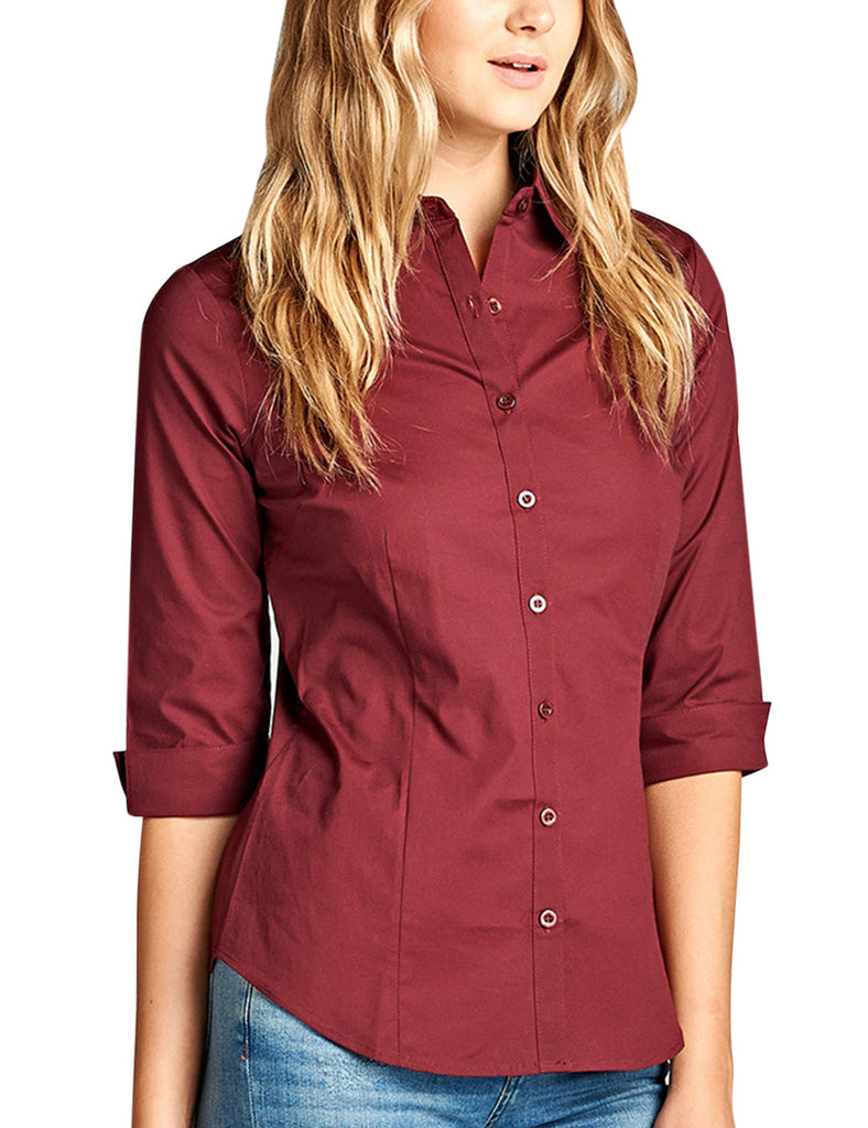 Womens Classic Solid 3/4 Sleeve Button Down Blouse Dress Shirt