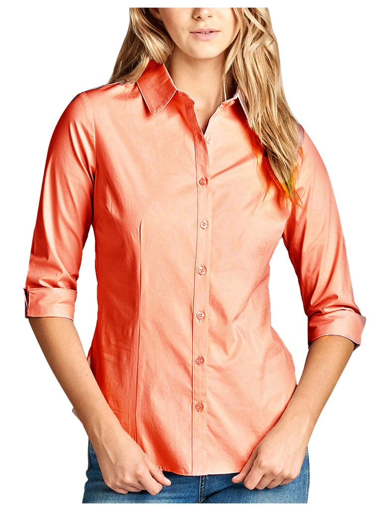 Womens Classic Solid 3/4 Sleeve Button Down Blouse Dress Shirt