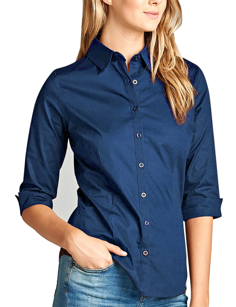 Womens Classic Solid 3/4 Sleeve Button Down Blouse Dress Shirt