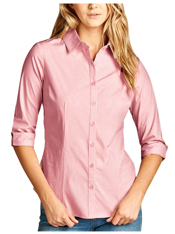 Womens Classic Solid 3/4 Sleeve Button Down Blouse Dress Shirt