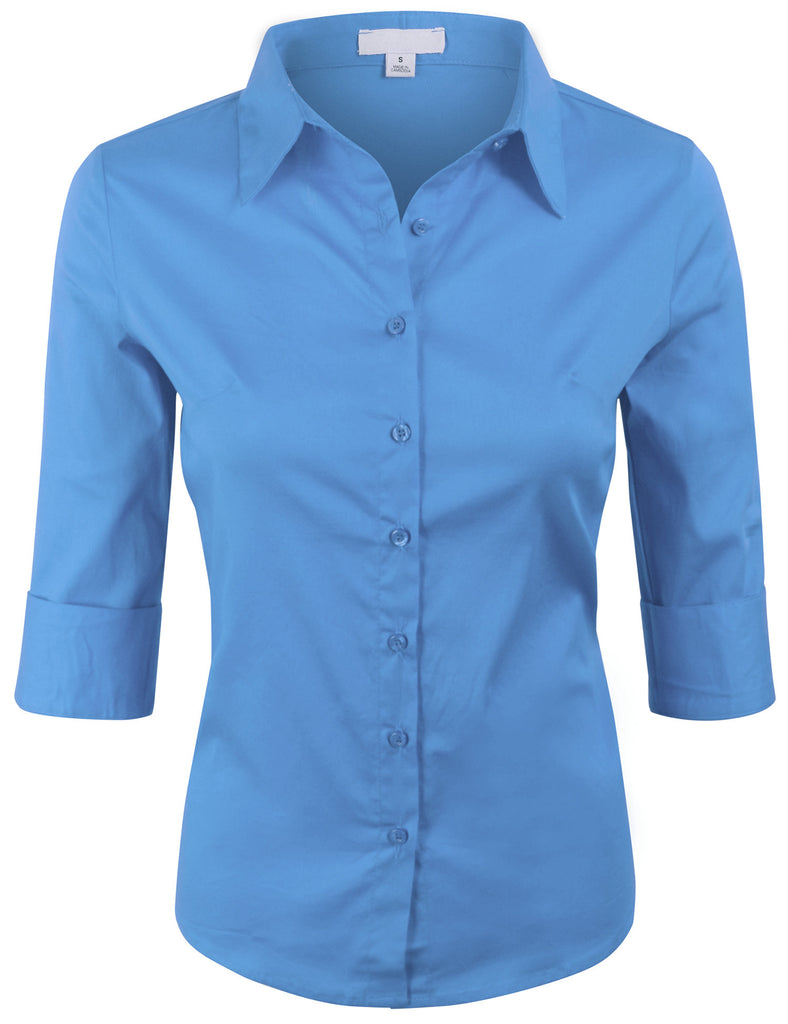 3/4 Sleeve Basic Simple Button down Blouse with Stretch