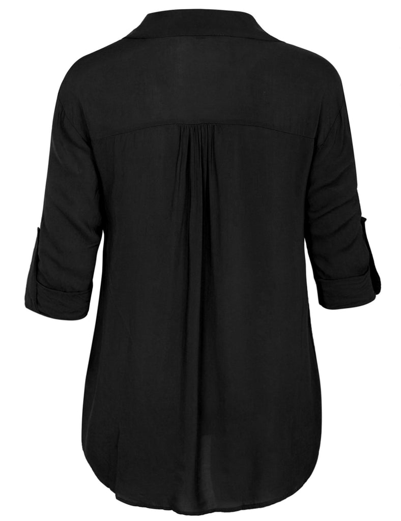 [Clearance] Womens 3/4 Roll Up Sleeve Pullover Woven Blouse Shirts