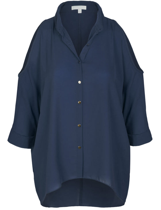 3/4 Sleeve Collar Button Down Cold Shoulder Chiffon Blouse Shirts