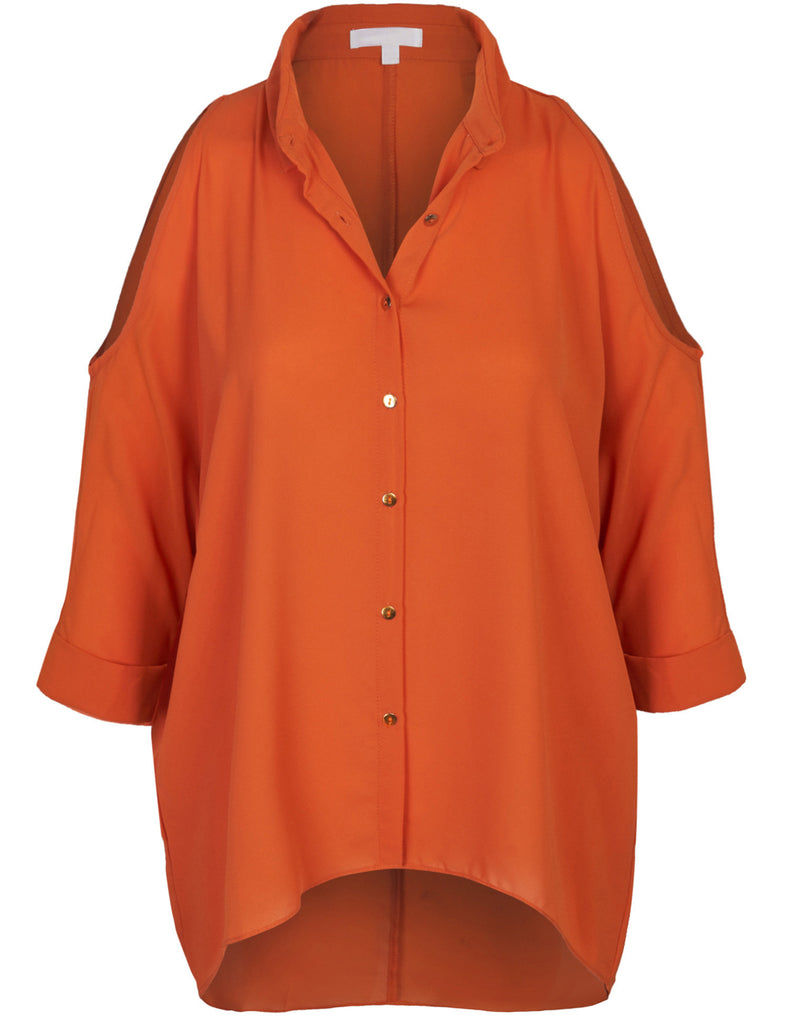 3/4 Sleeve Collar Button Down Cold Shoulder Chiffon Blouse Shirts