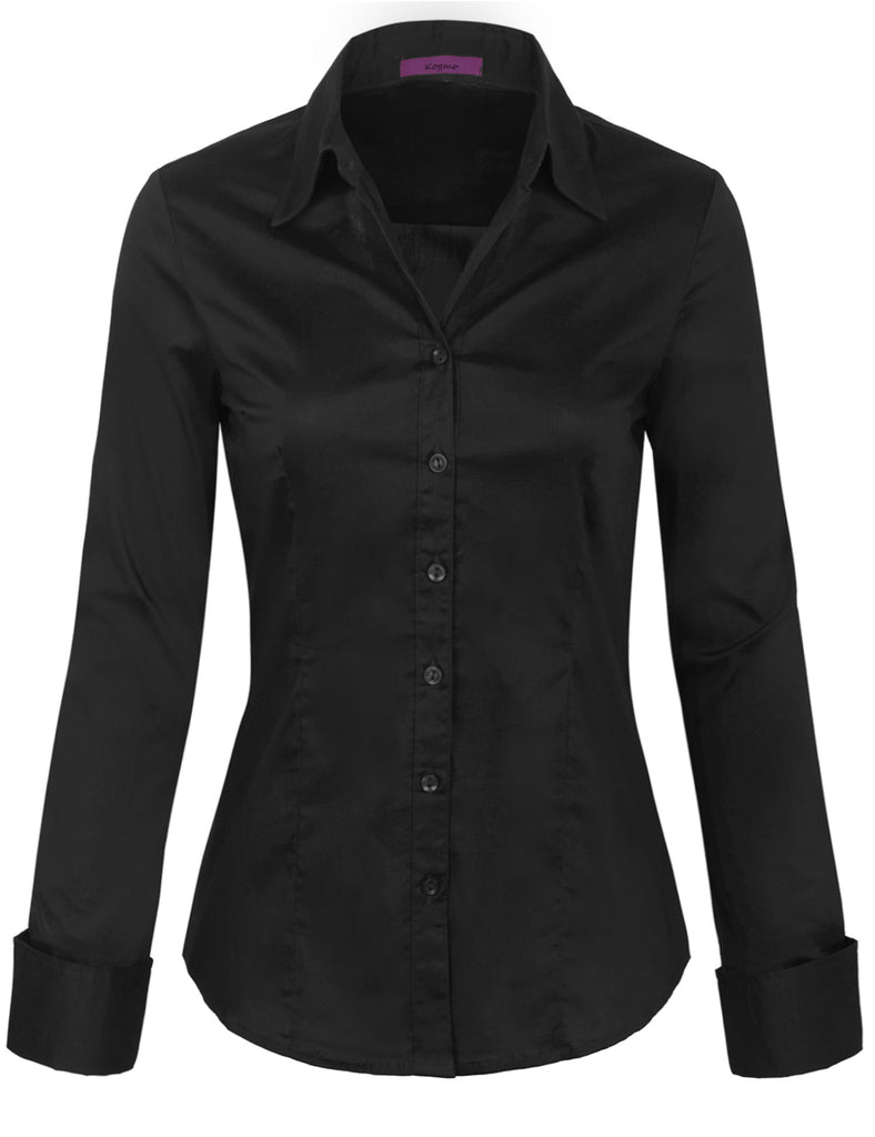 Women's Solid Long Sleeve Button Down Office Blouse Dress Shirt (S