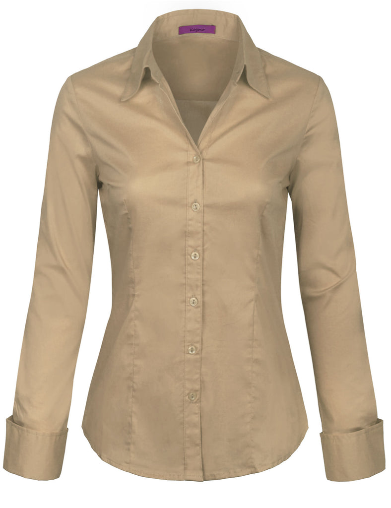 Women's Solid Long Sleeve Button Down Office Blouse Dress Shirt (S