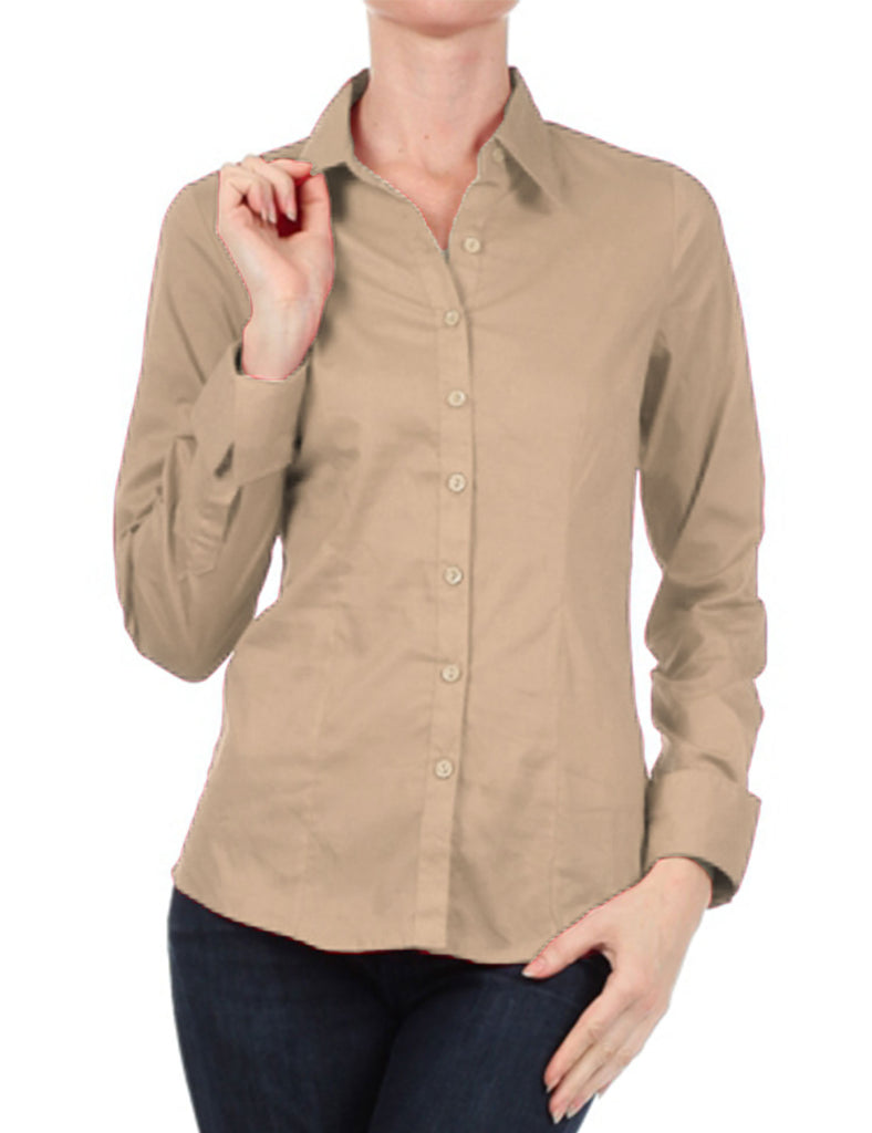 Women's Solid Long Sleeve Button Down Office Blouse Dress Shirt (S-3X)