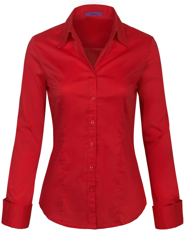 Women's Solid Long Sleeve Button Down Office Blouse Dress Shirt (S