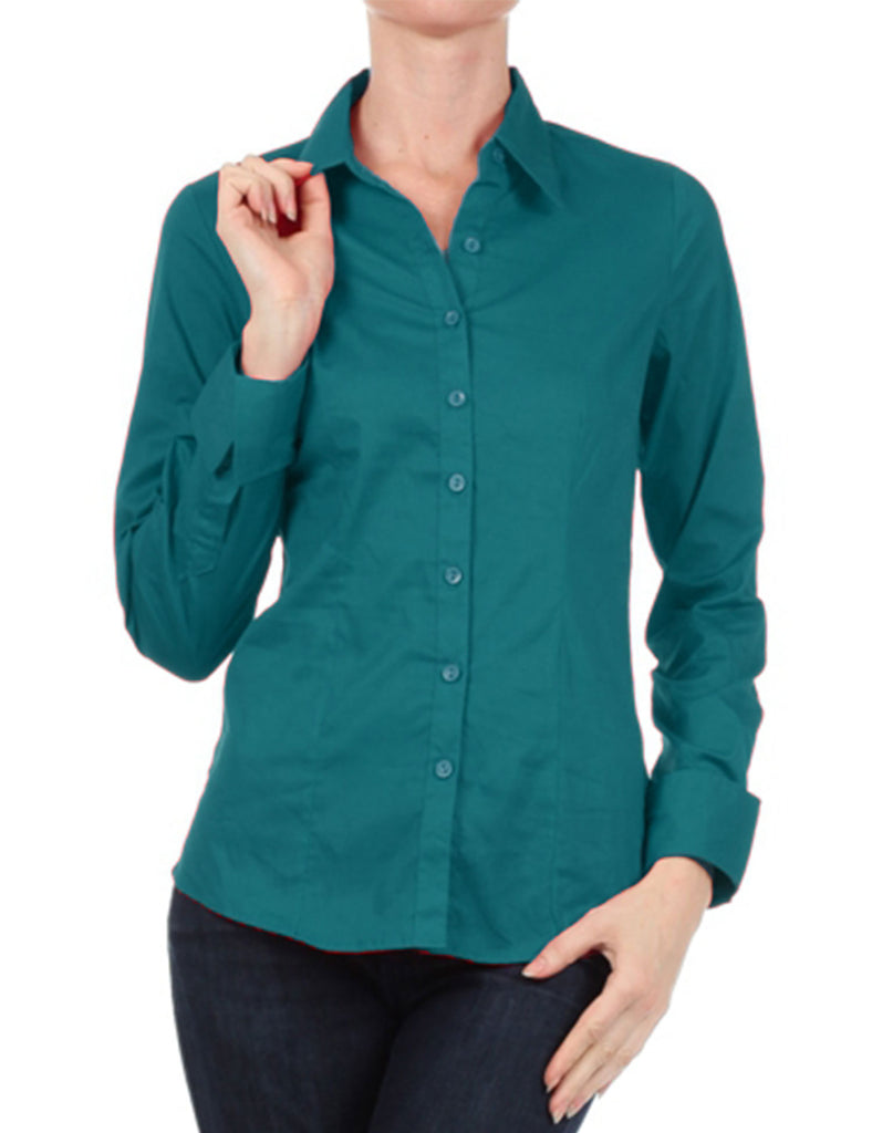 Women's Solid Long Sleeve Button Down Office Blouse Dress Shirt (S