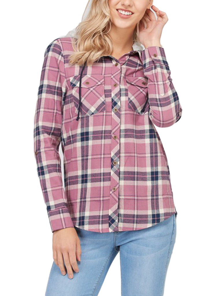 KOGMO Womens Plaid Button Down Shirts with Detachable Knit Hoodie