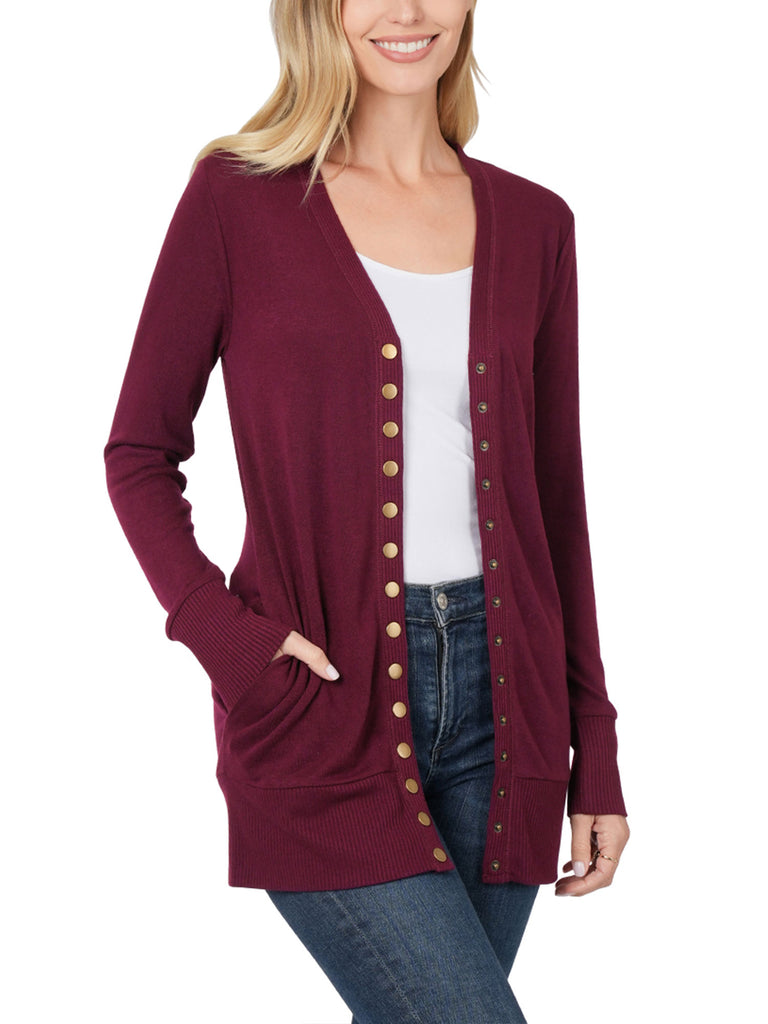Womens Long Knit Cardigan Sweater with Pockets and Snap Buttons Detail