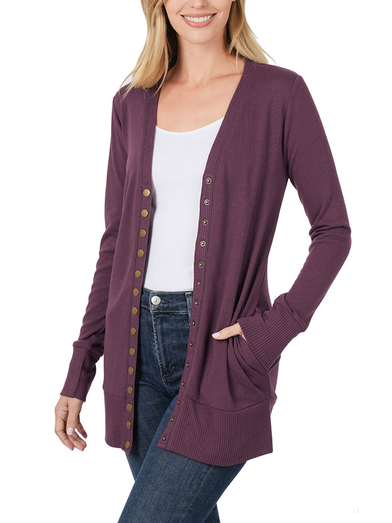 Womens Long Knit Cardigan Sweater with Pockets and Snap Buttons Detail