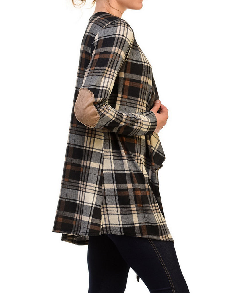[Clearance] Womens Plaid Print with Suede Elbow Patch Open Cardigan