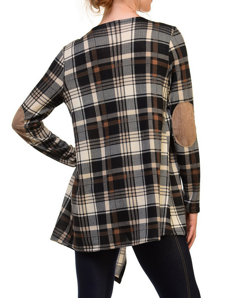 [Clearance] Womens Plaid Print with Suede Elbow Patch Open Cardigan