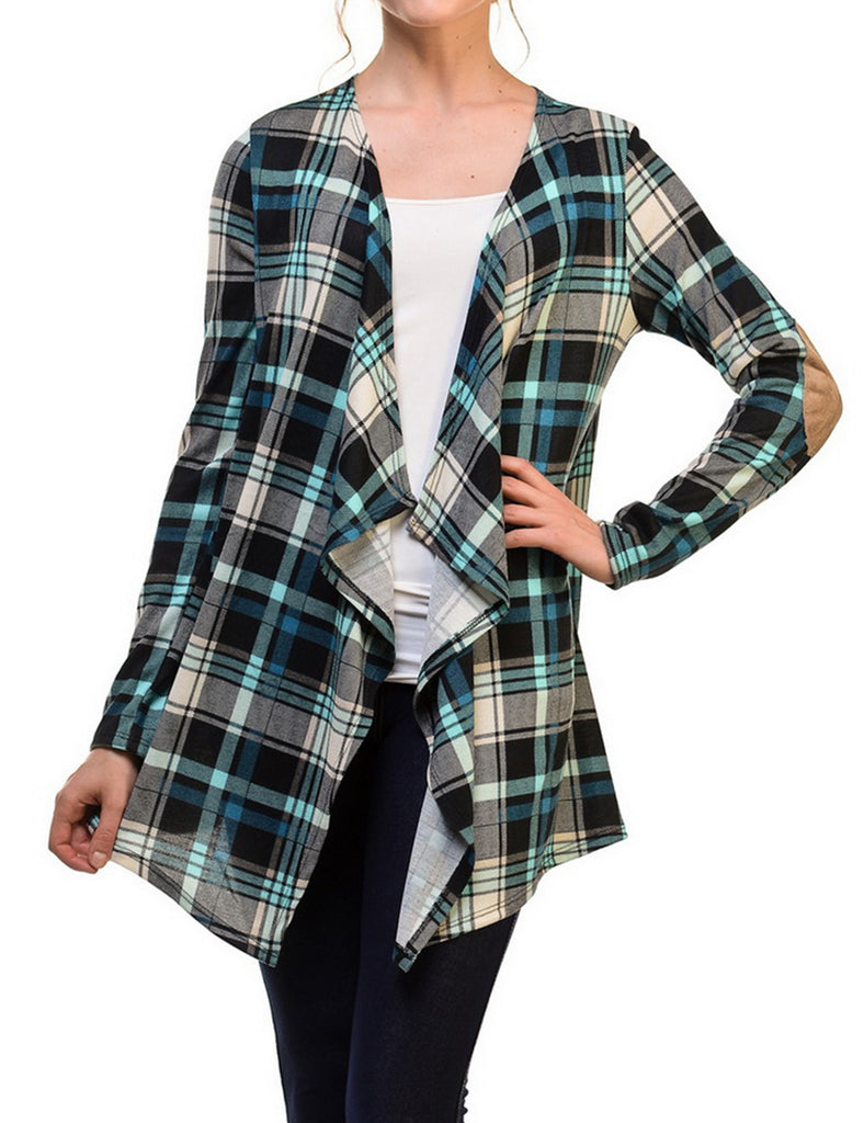 Plaid Print with Suede Elbow Patch Open Cardigan