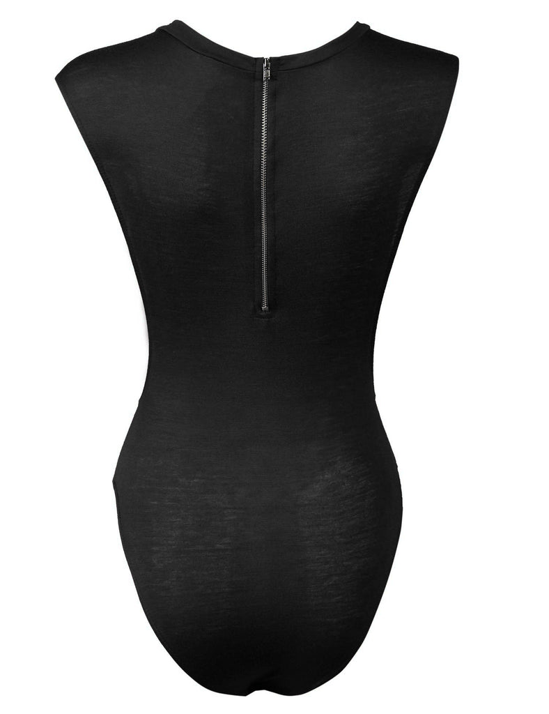 Solid Deep Plunge Arm Hole Sexy Zipper Back Open Bodysuit
