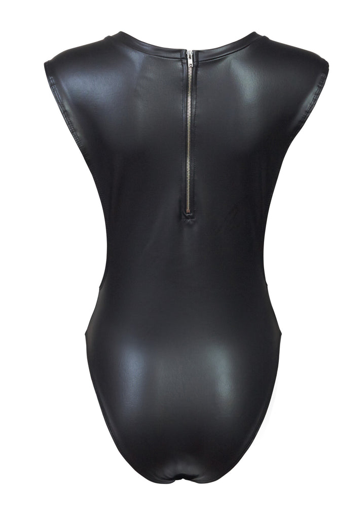 Faux Leather Deep Plunge Arm Hole Sexy Zipper Back Open Bodysuit
