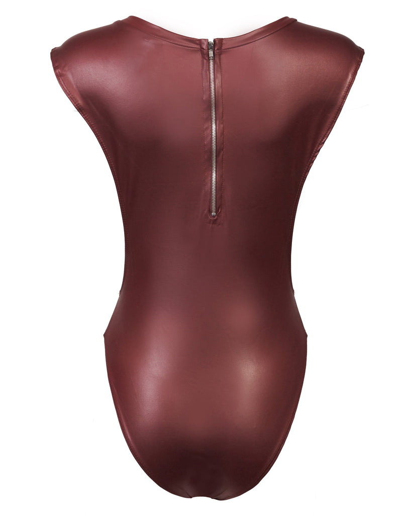Faux Leather Deep Plunge Arm Hole Sexy Zipper Back Open Bodysuit