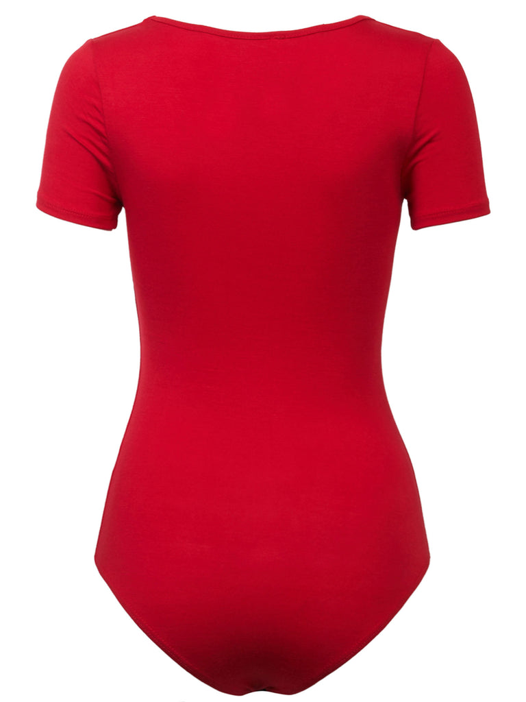 Lace Thong Bodysuit for Women Deep V Neck One Piece Bodysuit Short Sleeve  Body Suit Snap Crotch T-Shirt Bodysuit Tops (Color : Red A, Size : Medium)