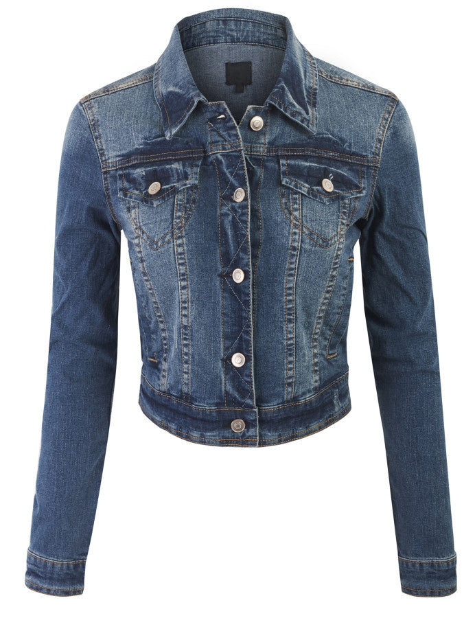 Vintage Wash cropped Denim Jacket with Front Chest and Side Pockets