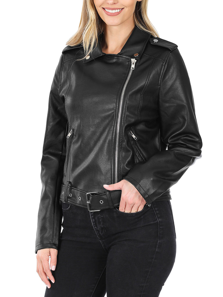 KOGMO Women's Vegan Leather Moto Jacket with Belt