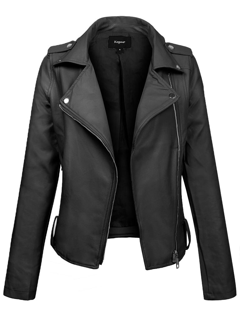 Womens MOTO PU Vegan Leather Jacket with Belt