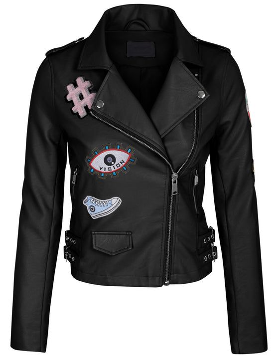 Double Breasted Faux Leather Zip Up  Jacket with Patches