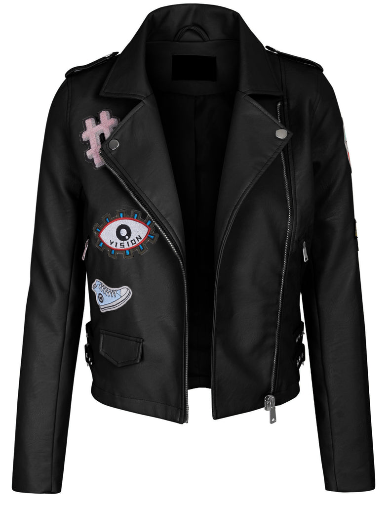 Double Breasted Faux Leather Zip Up  Jacket with Patches