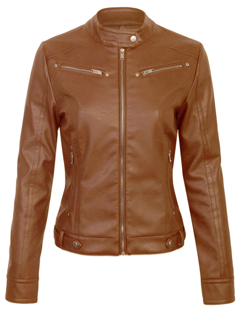 Womens Faux PU Leather Zip Up Casual MOTO Jacket with Hoodie