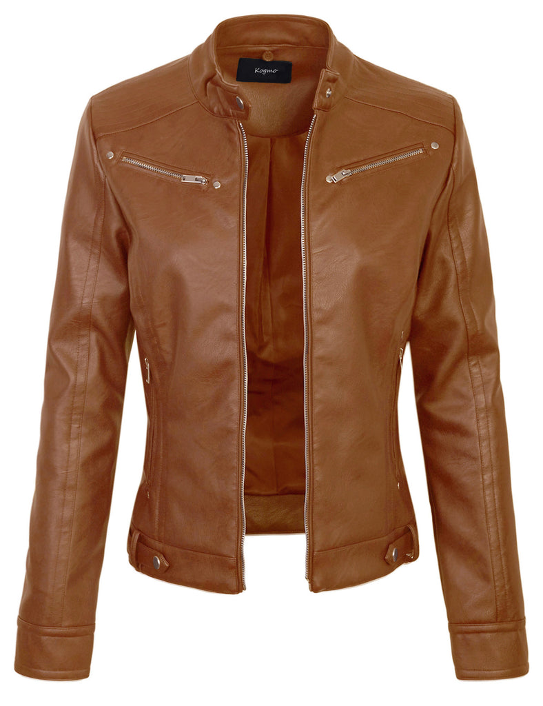 Womens Faux PU Leather Zip Up Casual MOTO Jacket with Hoodie