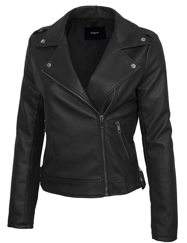 Womens Faux PU Leather Zip Up Double Breast MOTO Jacket with Hoodie